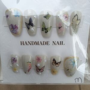 Handmade Butterfly & Floral Press-On Nails in Pearl Ivory